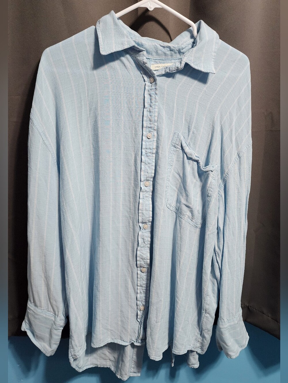 AE Coastal Striped Button Up Long Sleeve Shirt Cutout Tie Back Size Large